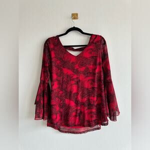 Red Paisley Mesh Top Bell Sleeve Glitter Top V Neck Boho Y2K Glam Size S